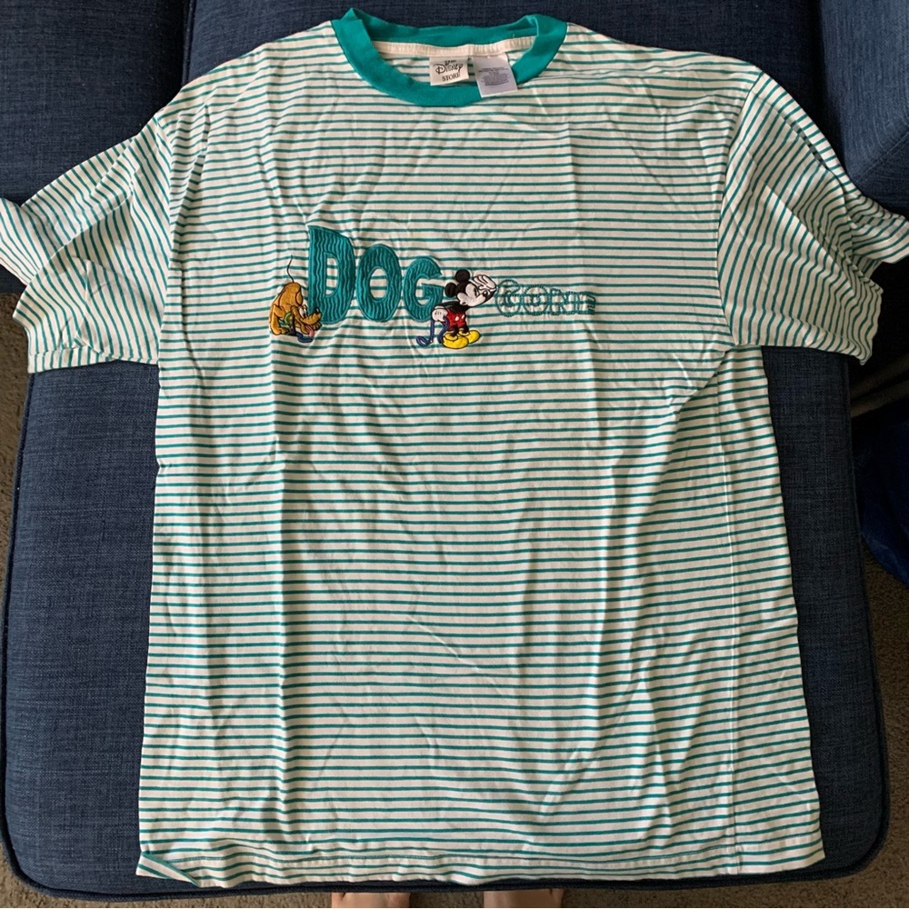 VINTAGE THE DISNEY STORE Dog Gone Striped Mickey and Pluto Embroidered T-shirt
